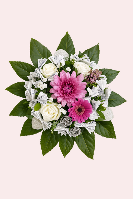 Luksus pengegave-buket – Hvide roser og lyserøde gerbera