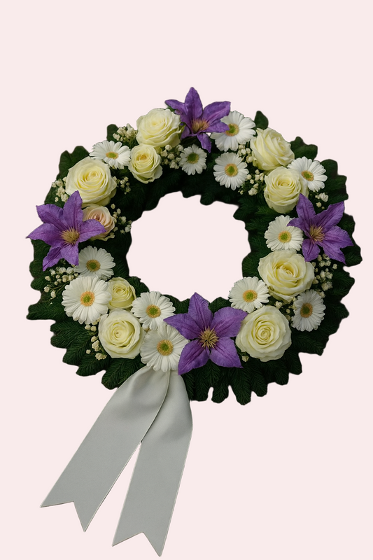 Round Funeral Wreath in White & Lilac – Peaceful Farewell