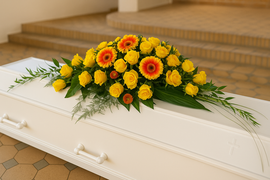 Casket Spray – Bright Yellow & Orange Sunshine