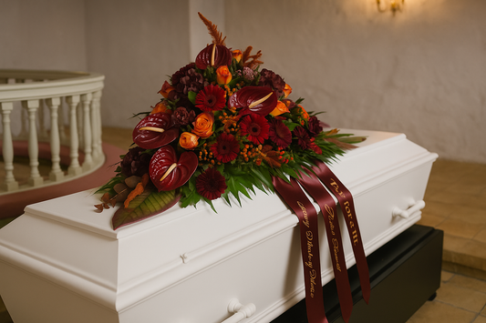 Full Casket Spray – Deep Red & Autumn Elegance