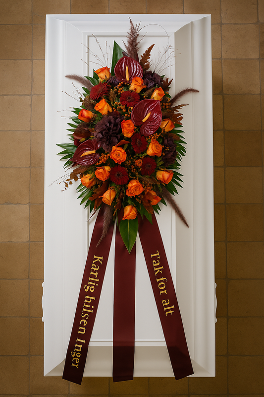 Full Casket Spray – Deep Red & Autumn Elegance