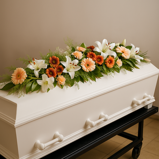 Full Casket Spray – White Lilies & Soft Peach Harmony