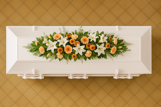 Full Casket Spray – White Lilies & Soft Peach Harmony