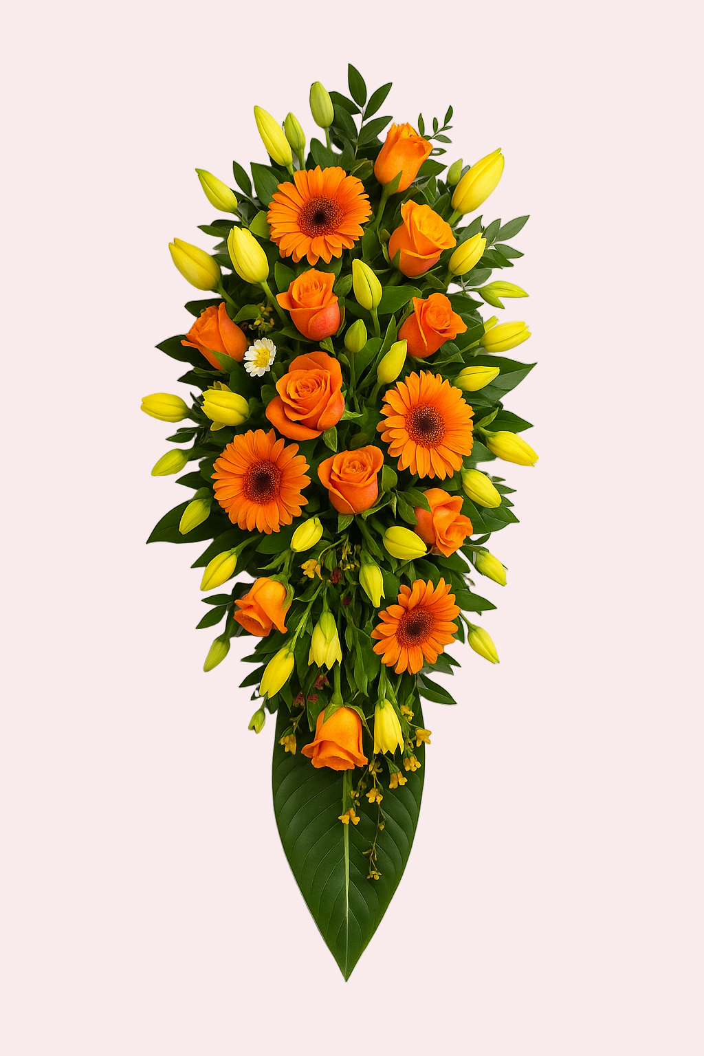 Bårebuket med orange gerbera og roser