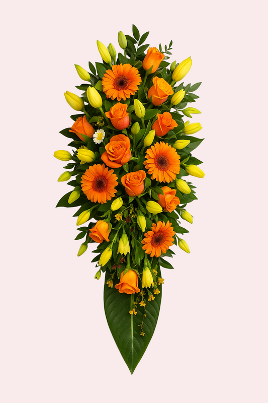 Bårebuket med orange gerbera og roser
