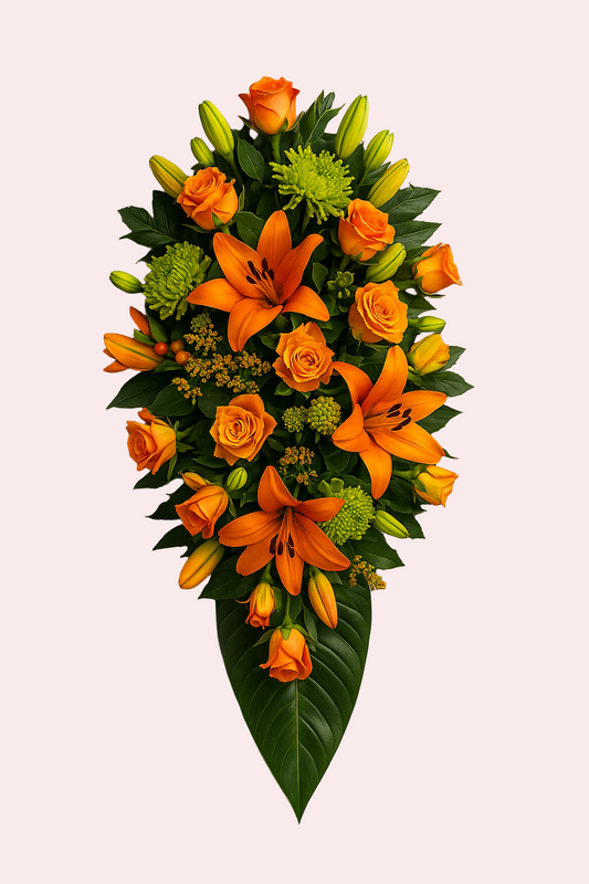 Bårebuket med orangefarvede liljer og roser
