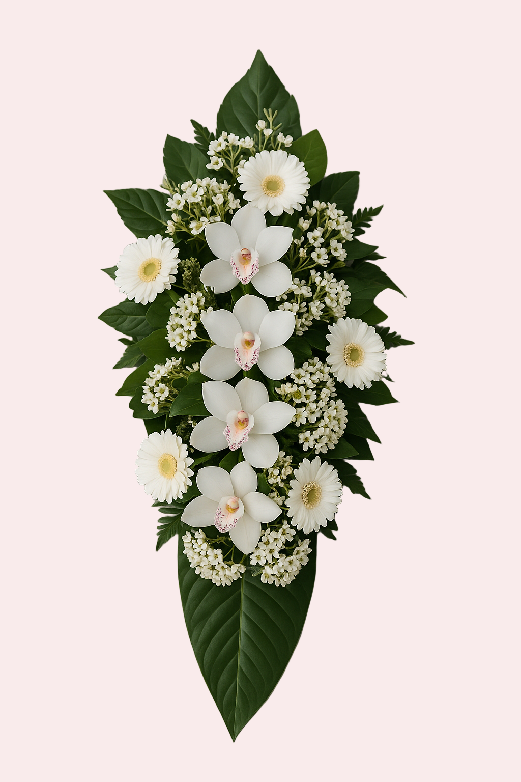 Elegant hvid orkidie- og gerbera-buket til begravelse