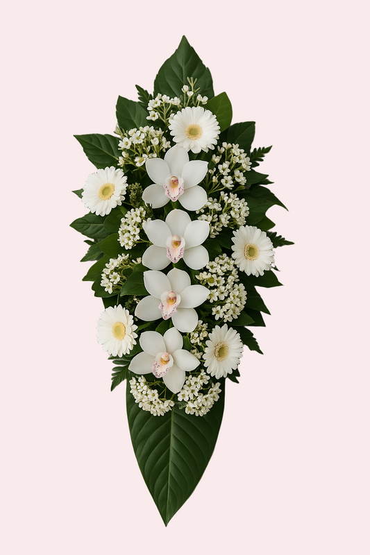 Elegant hvid orkidie- og gerbera-buket til begravelse