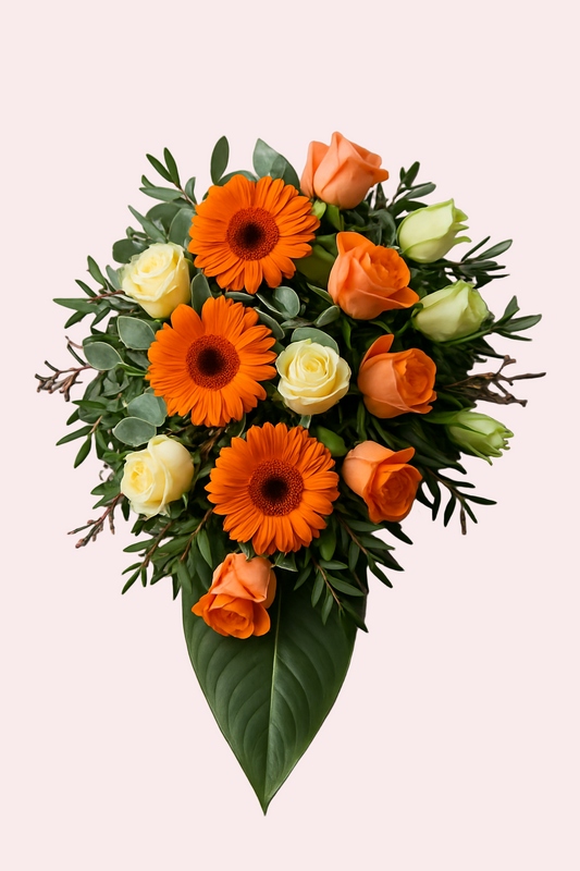 Båredekoration af orange gerbera og roser