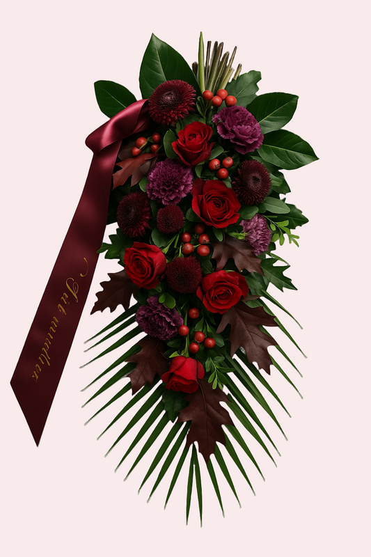 Elegant bårebuket med røde og lilla blomster