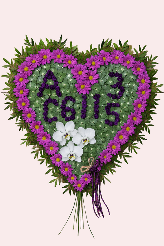 Heart-Shaped Condolence Arrangement with Purple Daisies and Orchids
