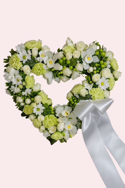 White & Green Heart-Shaped Funeral Arrangement