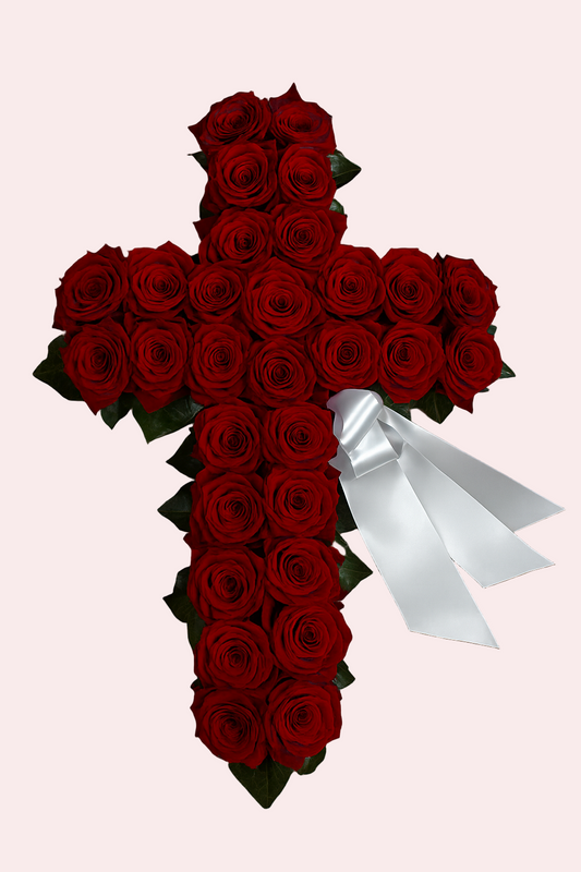 Elegant Red Rose Cross Funeral Arrangement