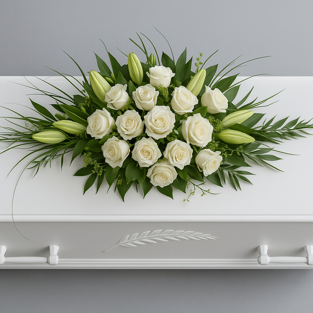 Elegant hvid kistedeoration med roser og liljer