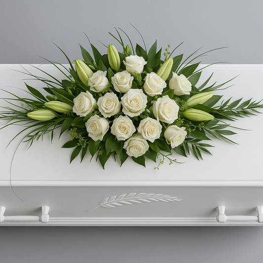 Elegant White Casket Decoration with Roses and Lilies