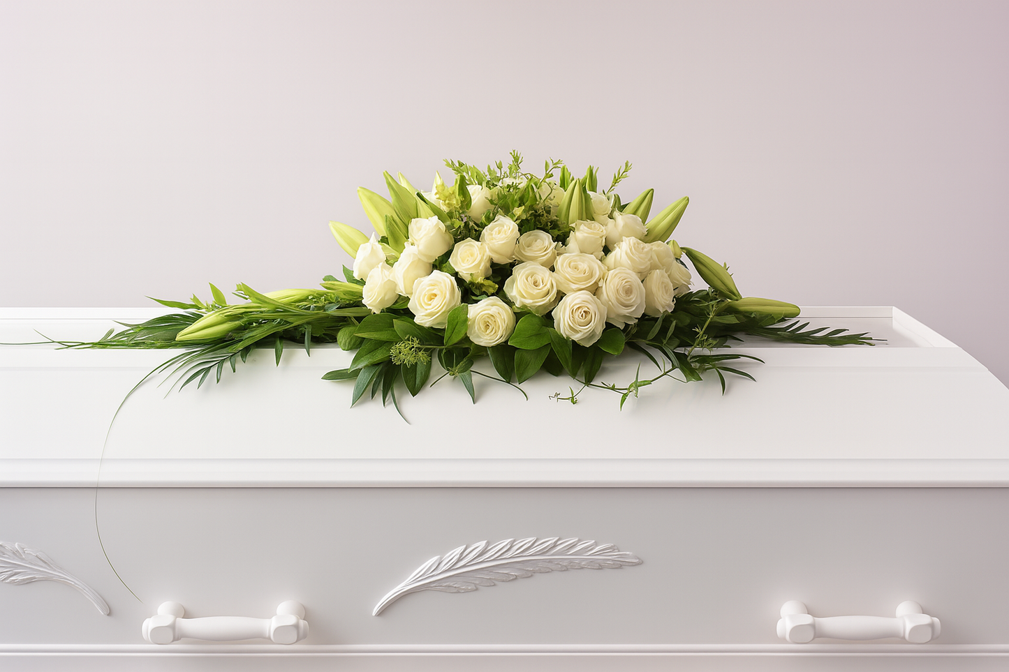 Elegant hvid kistedeoration med roser og liljer