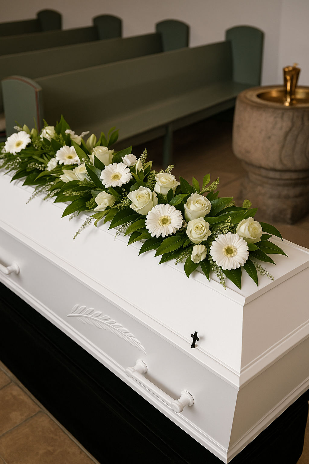 Elegant hvid kistedekoration med frisk grønt og hvide blomster