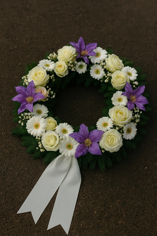 Round Funeral Wreath in White & Lilac – Peaceful Farewell
