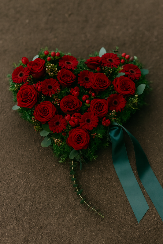 Red Heart of Roses, Gerberas & Tulips – Always in Our Hearts