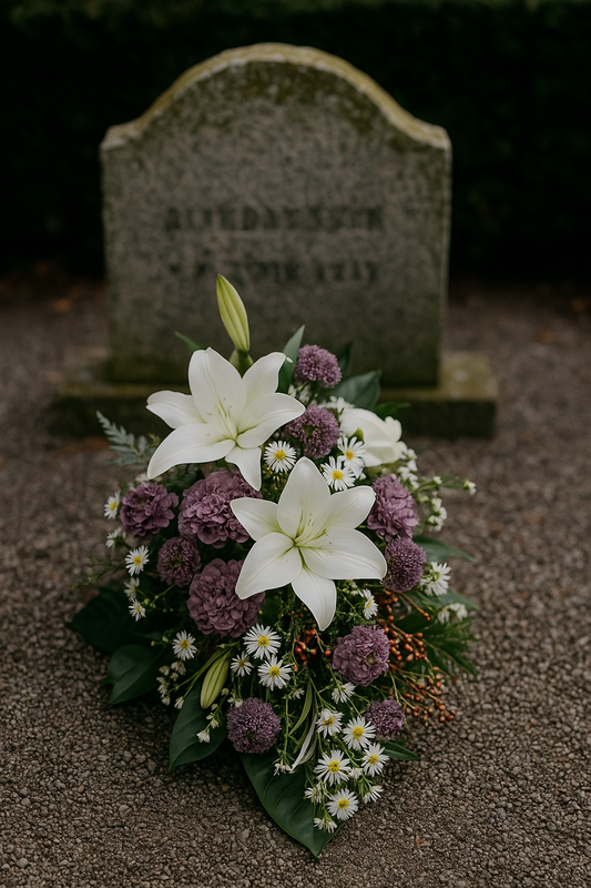 Elegant bårebuket med hvide liljer og sæsonens blomster