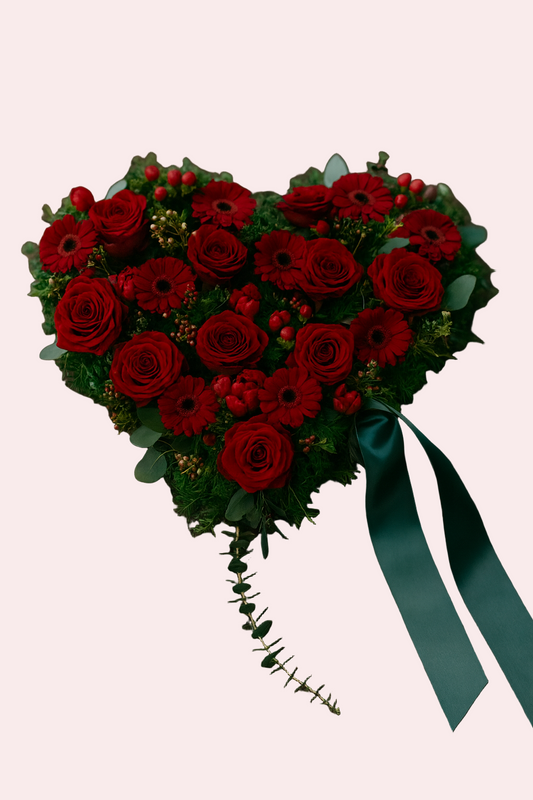 Red Heart of Roses, Gerberas & Tulips – Always in Our Hearts