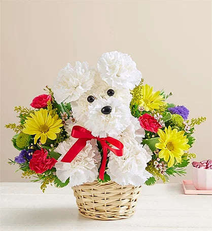 Puppy Love Basket with Red Ribbon