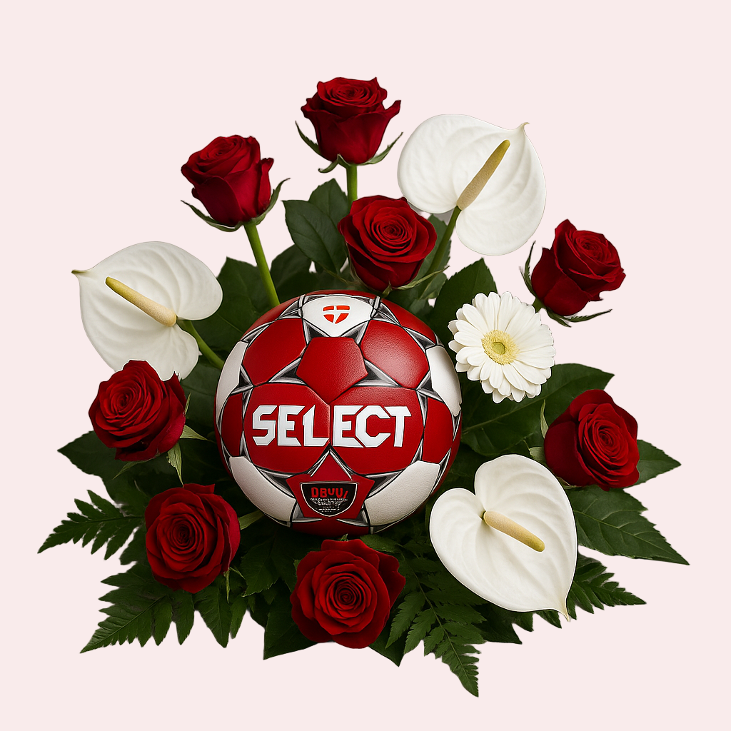 Football-Inspired Funeral Decoration with Red Roses & White Flowers