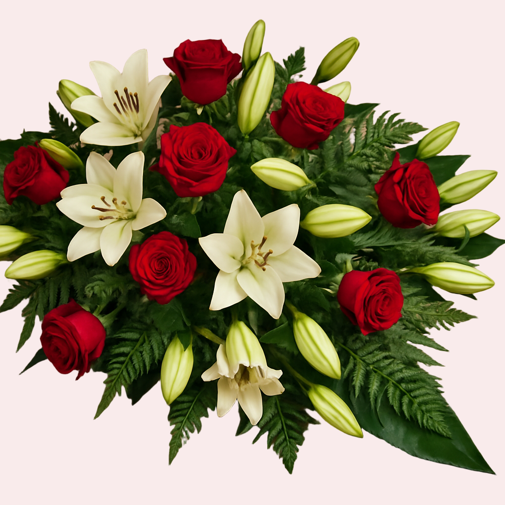 Funeral Bouquet with Red Roses and White Lilies