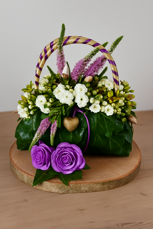 Et elegant blomsterarrangement formet som en håndtaske